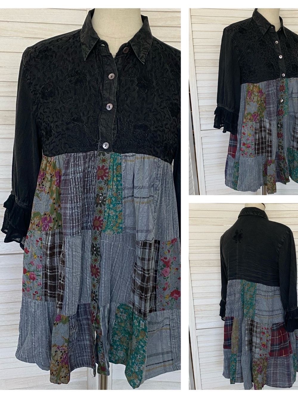 Young Threads Black Embroidered Mixed-Print Patchwork Ruffle Sleeve Tunic Top